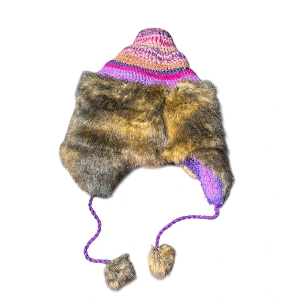 Funky Crochet Chunky Knit  Pointed TRAPPER Hat Faux FUR lined Adult